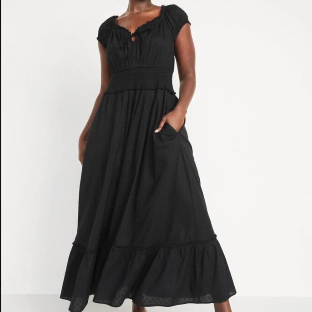 Old Navy Waist-Defined Puff-Sleeve Clip-Dot Midi Dress With Pockets, NWT